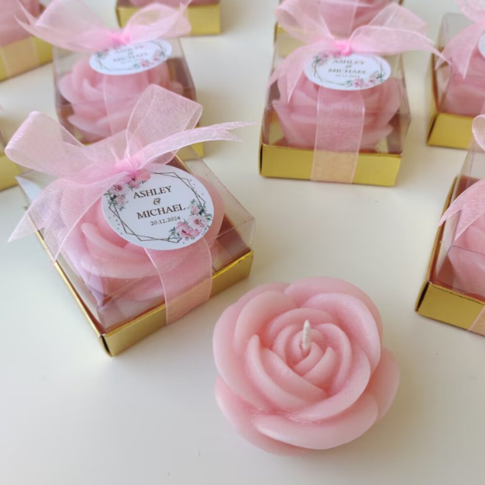 Pink Rose Candle Favors (Set of 30) * Gold Box + Pink Ribbon. Sweet 16, Wedding